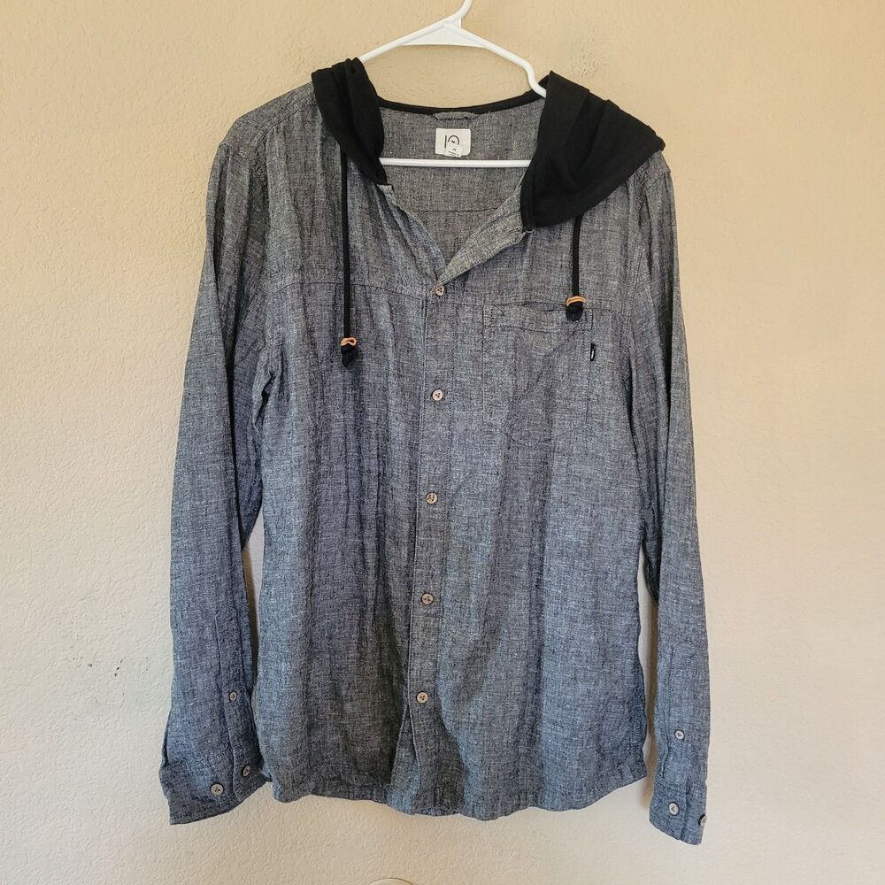 Tentree Button Up Shirt Mens Medium Gray Hooded Organic Cotton Hemp Sustainable